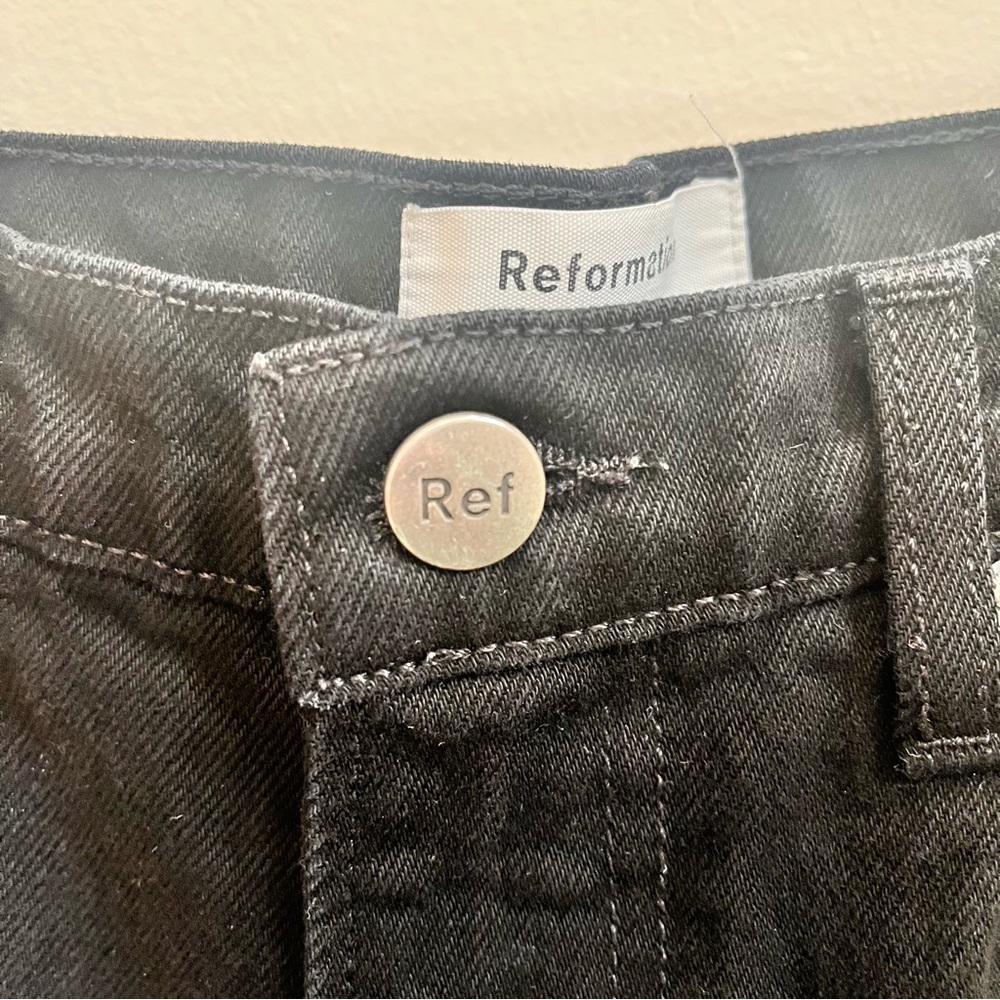 Reformation SAMPLE Julia High Cigarette Jeans Black Destroyed with Knee Patch - Picture 6 of 13